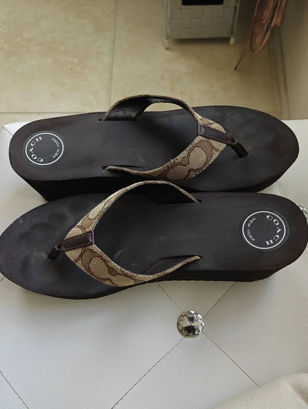 Coach Brown Signature Canvas Wedge Flip Flops